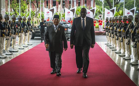 Secretary of Defense Lloyd J. Austin III and Indonesian Minister of Defense Prabowo Subianto arrive to the 10th ASEAN Defense Ministers' Meeting (ADMM)-Plus in Jakarta, Indonesia, Nov. 15, 2023. (DoD photo by Chad J. McNeeley)