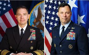 Side-by-side portraits of a Navy officer in black dress uniform and an Air Force officer in blue dress uniform posing in front of U.S. flags.