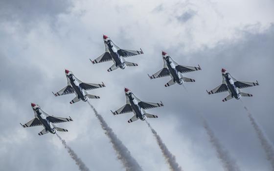 The U.S. Air Force Thunderbirds perform during The Great Texas Airshow April 6, 2024, at Joint Base San Antonio-Randolph, Texas. The Thunderbirds perform for audiences around the world displaying the pride, precision, and professionalism the U.S. Air Force represents. In addition to showcasing the elite skills all pilots must possess, the Thunderbirds demonstrate the incredible capabilities of the Air Force’s premier multi-role fighter jet, the F-16 Fighting Falcon. (U.S. Air Force photo by Ismael Ortega)