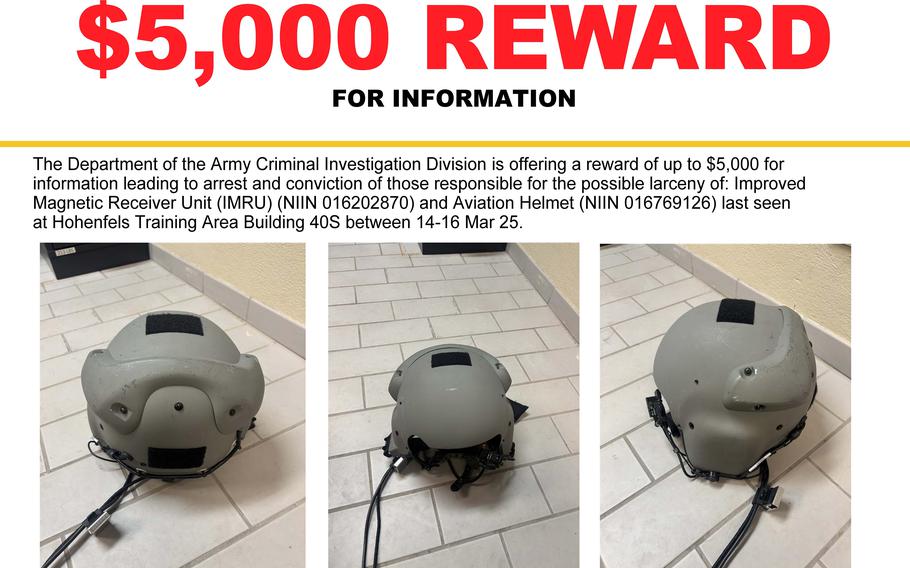 Army investigators are asking for information to help find a specialized helmet for Apache helicopter aviators that went missing at Hohenfels Training Area in Germany between March 14 and March 16, 2025. The helmet has an attached receiver that tracks a user's head movements to control aircraft systems.