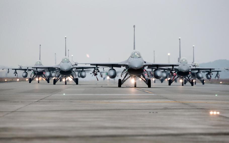 Taiwan Air Force F-16V fighter jets during a military training exercise in Chiayi County, Taiwan, on Jan. 5, 2022. 