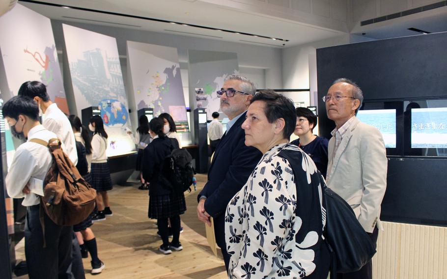 Pedro Oiarzabal, center, the principal researcher for Sancho de Beurko’s Association’s Fighting Basques project, tours the Okinawa Prefectural Peace Memorial Museum in Itoman, Okinawa, Japan, on Dec. 5, 2023.