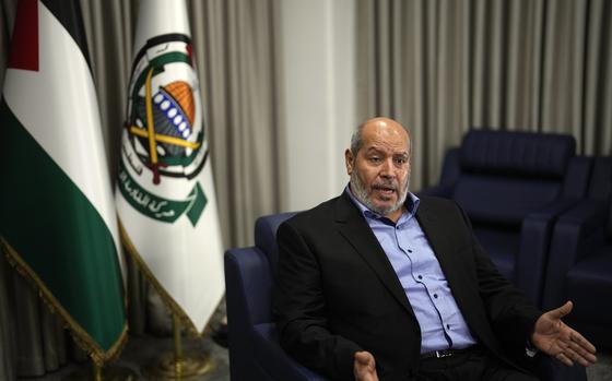 Khalil al-Hayya, a high-ranking official with the Palestinian militant group, who has represented it in negotiations for a ceasefire and hostage exchange deal, speaks during an interview for The Associated Press, in Istanbul, Turkey, Wednesday, April 24, 2024.