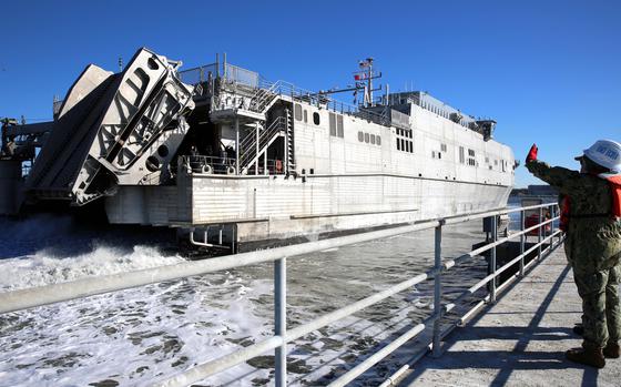 The expeditionary fast transport vessel USNS Brunswick arrives at Joint Expeditionary Base Little Creek in Fort Story, Va., on Feb. 3, 2024.