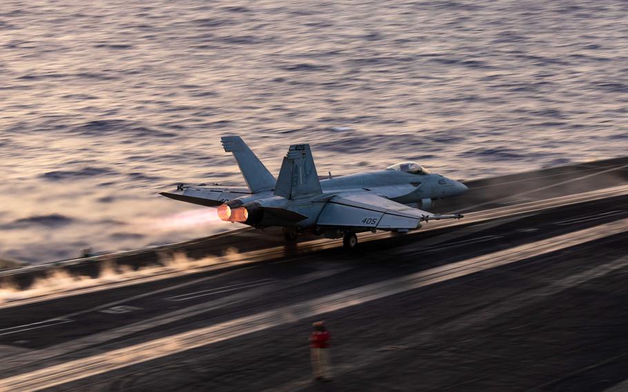 An F/A-18E Super Hornet launches from the aircraft carrier USS Harry S. Truman in the Red Sea on April 28, 2025. The Navy is investigating what caused a Super Hornet and a towing tractor to fall into the sea earlier this week.