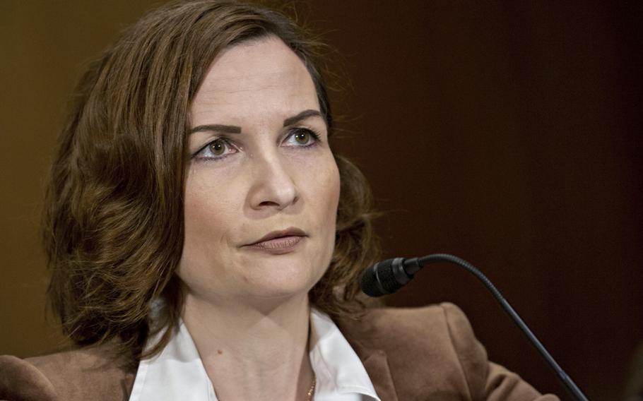 Chairman of the Federal Deposit Insurance Corp. Jelena McWilliams testifies in Washington, D.C., on Oct. 2, 2018. According to reports on Saturday, Jan. 1, 2022, McWilliams resigned her post on Friday, Dec. 31, 2021.