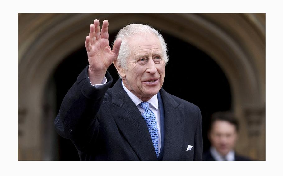 Britain’s King Charles III waves as he leaves a service at St. George’s Chapel, Windsor Castle, England, on March 31, 2024. Buckingham Palace on Friday, April 26, said the king will resume his public duties next week following treatment for cancer. 