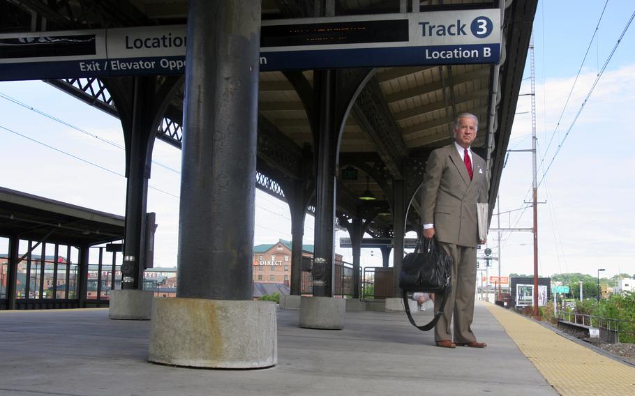 Sen. Joe Biden at the Wilmington train station platform on his regular commute from his home to work on Capitol Hill in July 2005. Biden campaigned as an Amtrak-riding “Blue Collar Joe” but also sought access to a highflying segment of Delaware society. 