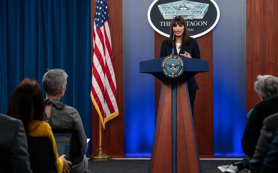 Deputy Pentagon Press Secretary Sabrina Singh speaks Thursday, Jan. 26, 2023, during a news briefing at the Pentagon.