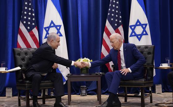 President Joe Biden meets with Israeli Prime Minister Benjamin Netanyahu in New York, Wednesday, Sept. 20, 2023. Biden was in New York to address the 78th United Nations General Assembly. (AP Photo/Susan Walsh)