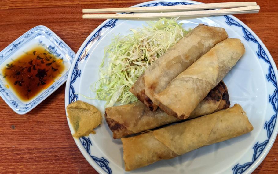 Chinese spring rolls from Fukusei, near Yokosuka Naval Base in Japan, are served with mildly spicy wasabi paste on the side. 