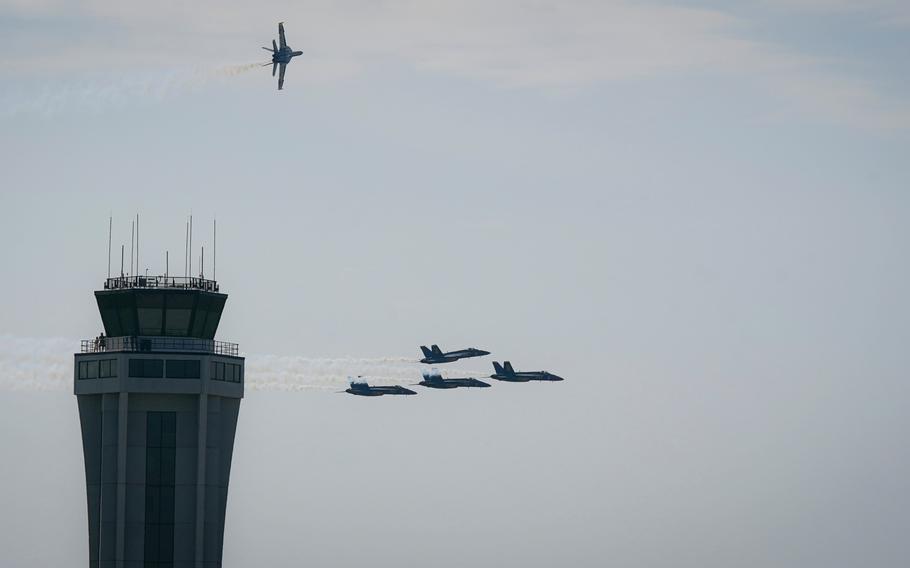 The Blue Angels perform at the Beyond the Horizon Air and Space Show at Maxwell Air Force Base in Montgomery, Ala. 