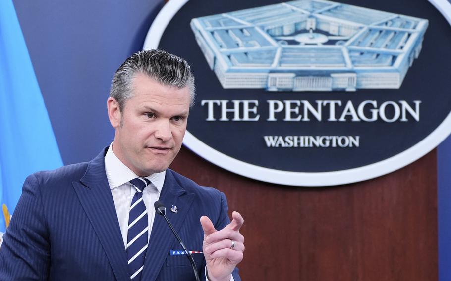Secretary of Defense Pete Hegseth speaks during a news conference.