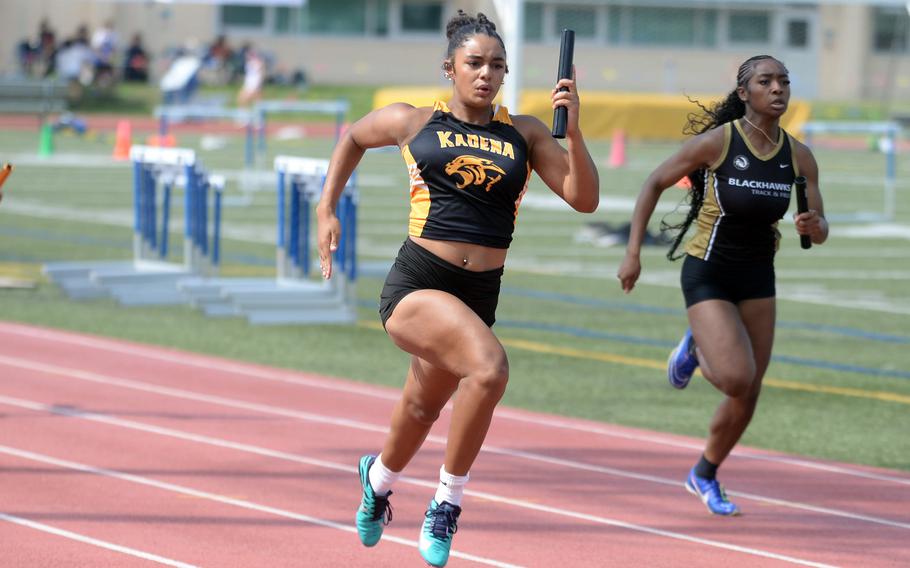 Kadena's Jayla Shipp heads to the finish of the girls 400-meter relay.