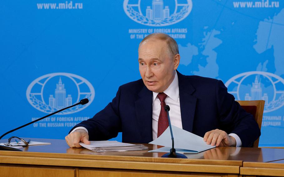 Russia’s President Vladimir Putin attends a meeting with the leadership of the Russian foreign ministry in Moscow, Russia June 14, 2024. 