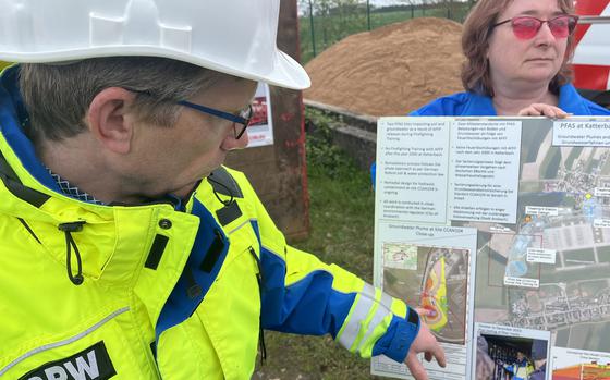 Stephan Haas, remediation program manager at U.S. Army Garrison Ansbach, points to a rendering of a PFAS contamination plume located alongside the garrison's western fence line in Ansbach, Germany on April 10, 2024. 
