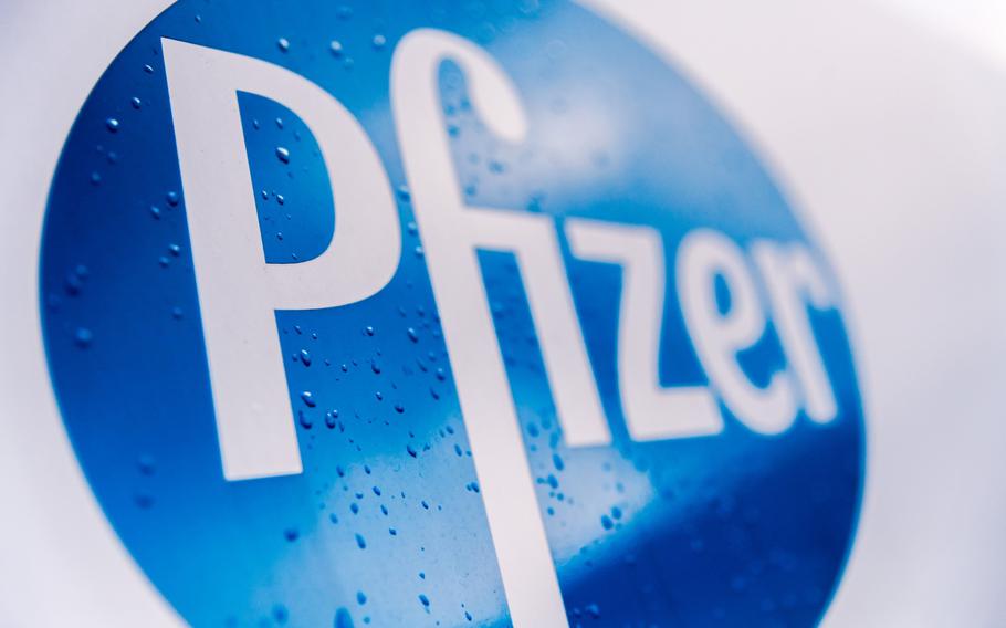 A logo at a Pfizer Inc. facility in Puurs, Belgium, on Nov. 10, 2020. MUST CREDIT: Bloomberg photo by Geert Vanden Wijngaert.