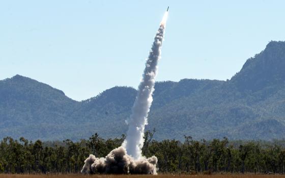 U.S. Marines with 3rd Battalion, 12th Marine Regiment fire rockets from a High Mobility Artillery Rocket System, or HIMARS, at Shoalwater Bay Training Area in Queensland, Australia, July 19, 2021.