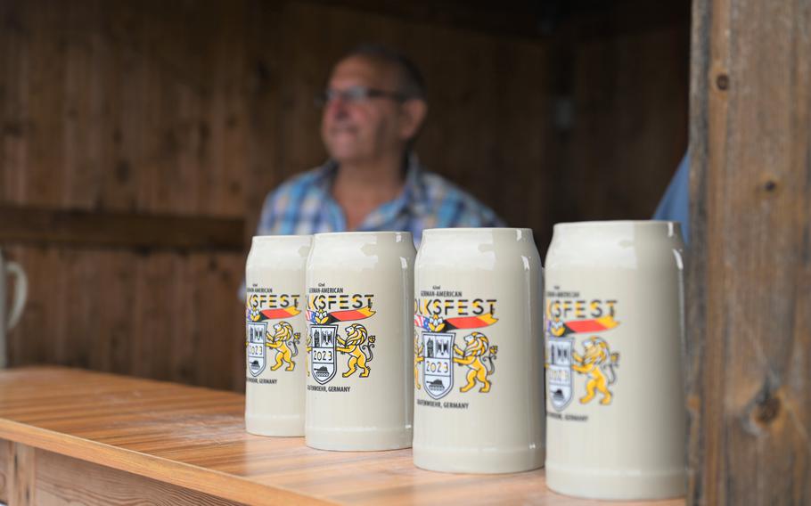 Beer steins are sold to support the base library during for the German-American Volksfest at Camp Algiers, Grafenwoehr, Germany, on Aug. 5, 2023.