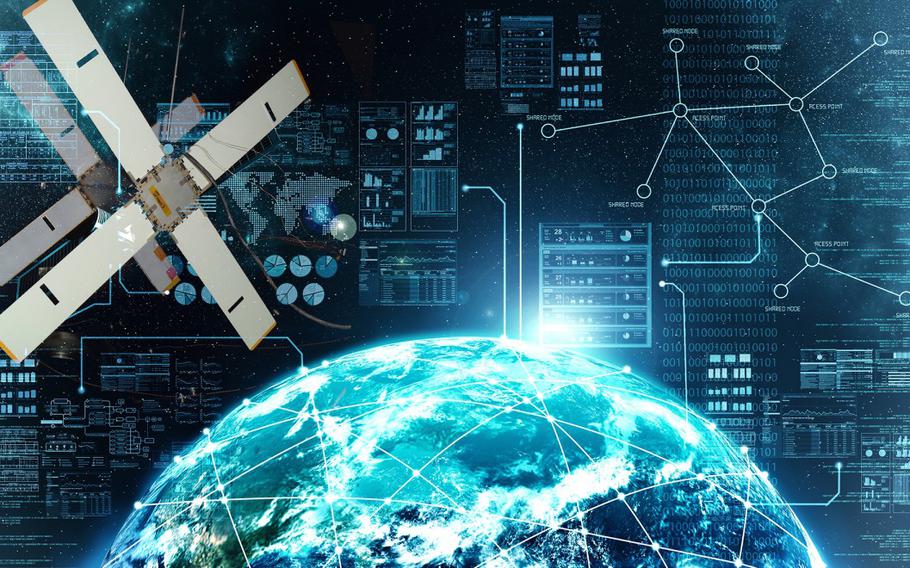 An illustration showing satellites, computer chips and the earth as a representation of artificial intelligence.