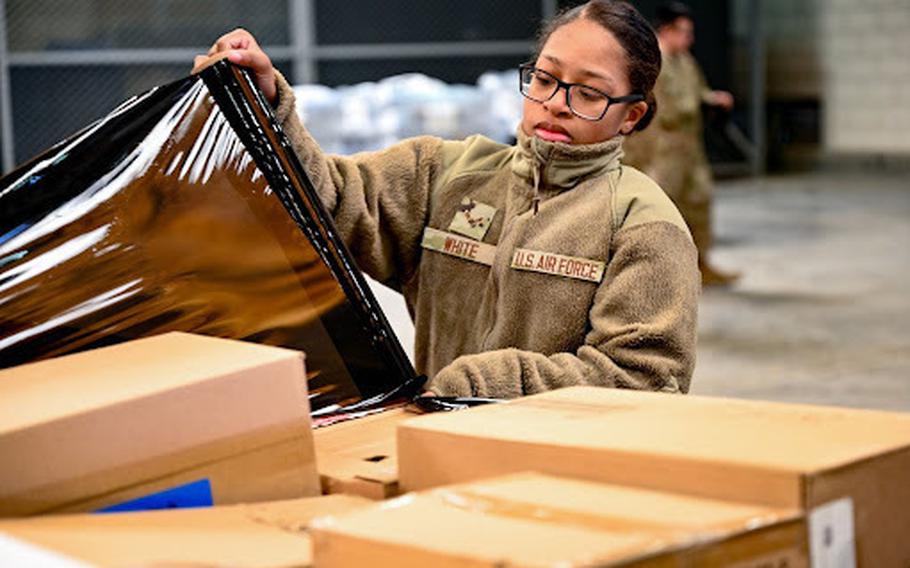 Airman 1st Class Daijah White, 39th Logistics Readiness Squadron, wraps a pallet containing parts of a 52-bed emergency field hospital tent from U.S. charity Samaritan’s Purse at Incirlik Air Base, Turkey, Feb. 11, 2023. The U.S. military is helping to provide humanitarian relief to victims of the earthquake in south-central Turkey.