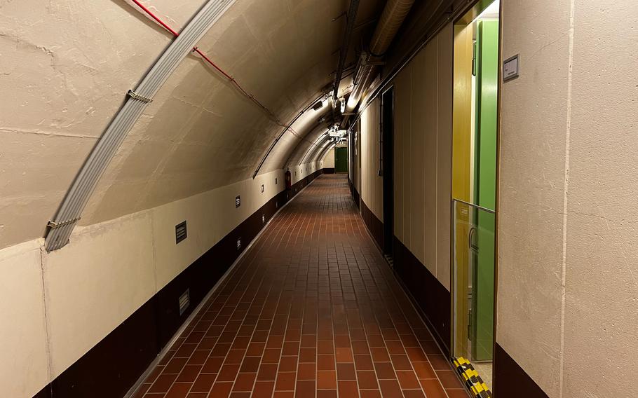 A dormitory hallway at the German government bunker in Bad Neuenahr-Ahrweiler, Germany, Feb. 13, 2022. Dorm rooms were designed to house more than 3,000 personnel.