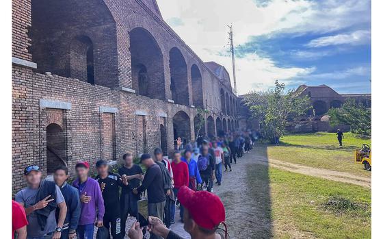 Cuban migrants being held at Dry Tortugas National Park on Jan. 4, 2023. The Coast Guard shipped 337 Cuban migrants from the national park to Key West on Jan. 5, 2023, for processing. (U.S. Coast Guard/TNS)