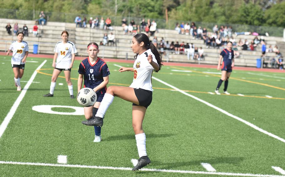 Vilseck's Kayla Azevedo kicks the ball forward at the DODEA-Europe Division I girls soccer championships Tuesday, May 20, 2025, at Ramstein Air Base, Germany.