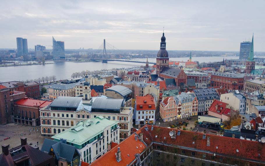 The streets of Riga, Latvia, as seen from St. Peter’s Church on Nov. 10, 2023.