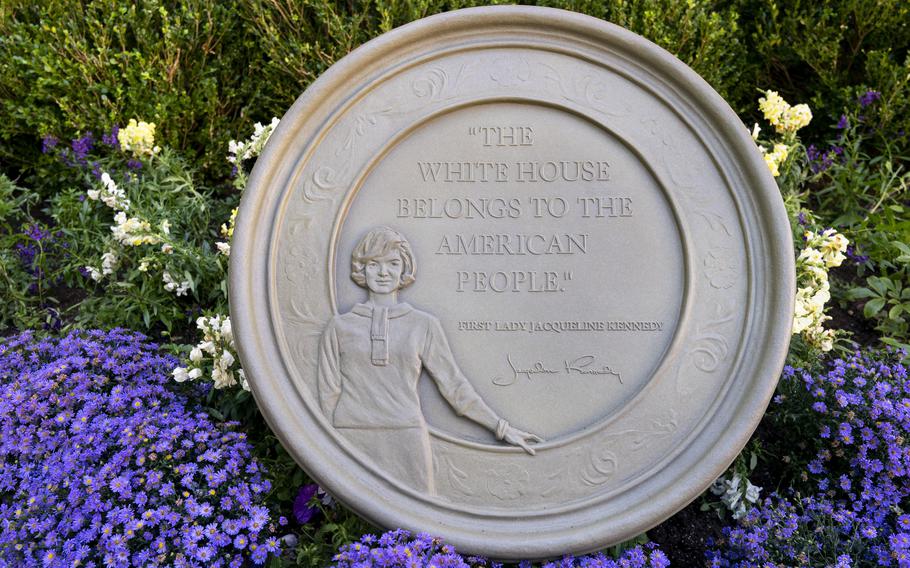 A medallion sculpture honoring former first lady Jacqueline Kennedy is seen after its unveiling ceremony at the Decatur House on Friday, Sept. 23, 2022, near the White House in Washington. 