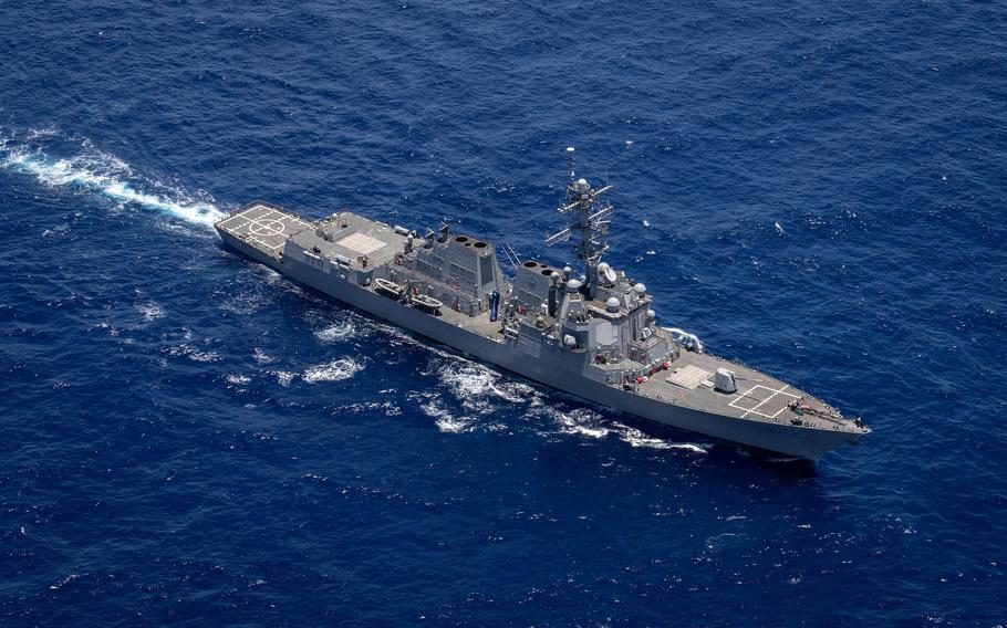 The guided-missile destroyer USS Dewey sails in the Pacific Ocean, June 22, 2021. 