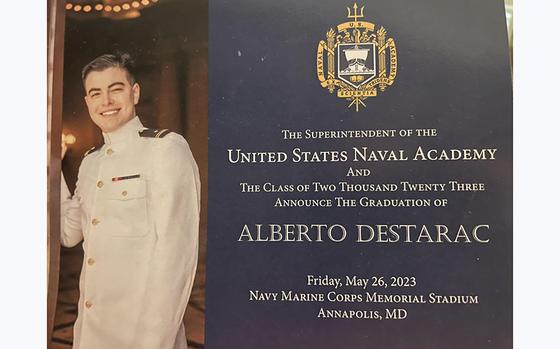 Midshipman Alberto Destarac was to graduate from the U.S. Naval Academy Friday, May 26, 2023, even though he is going legally blind from a health condition.