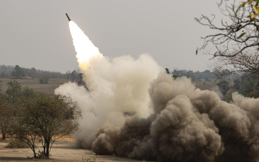 A High Mobility Artillery Rocket System from 3rd Battalion, 12th Marines, 3rd Marine Division fires during a combined arms live-fire exercise at Cobra Gold 2023 in Thailand on March 10, 2023. 
