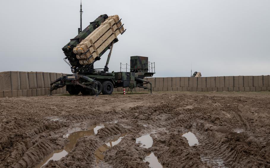 A Patriot missile launcher used by Delta Battery, 5th Battalion, 7th Air Defense Artillery Regiment is positioned for firing if needed at an austere base in southeast Poland, March 6, 2023.
