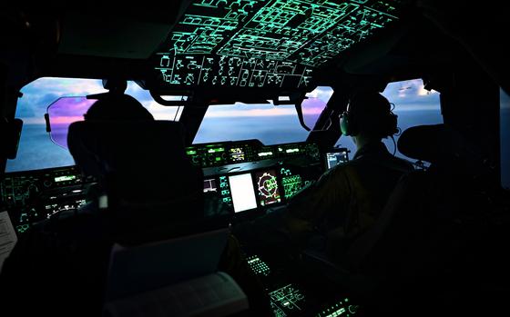 French A400 Atlas pilots scan the Pacific Ocean for a disabled ship near the Northern Marianas, July 10, 2023. 