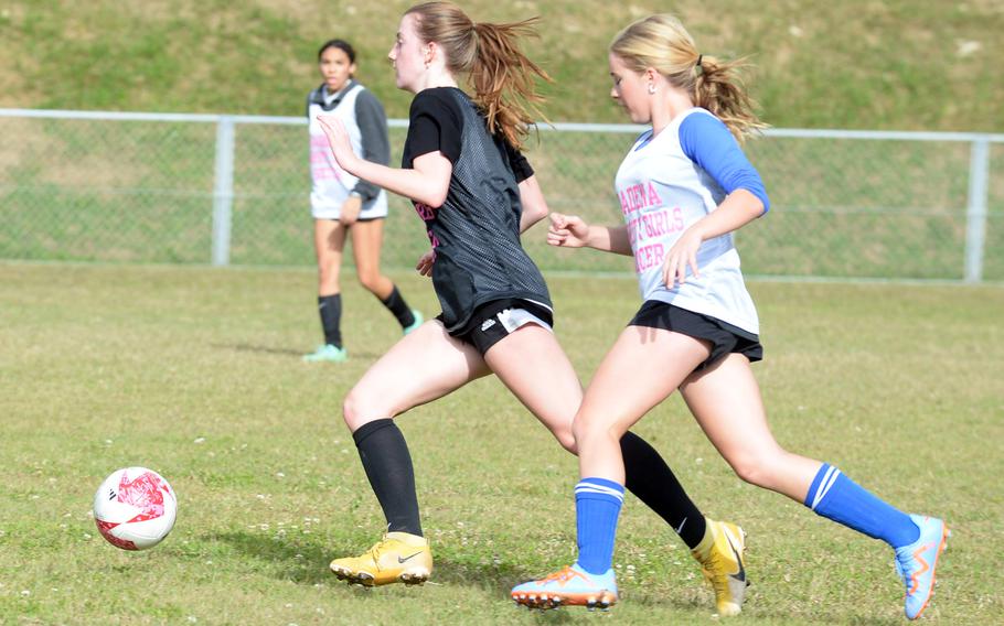 Lucy Donnelly, with ball, is a senior transfer from Kaiserslautern who will play midfield for Kadena's girls soccer team.