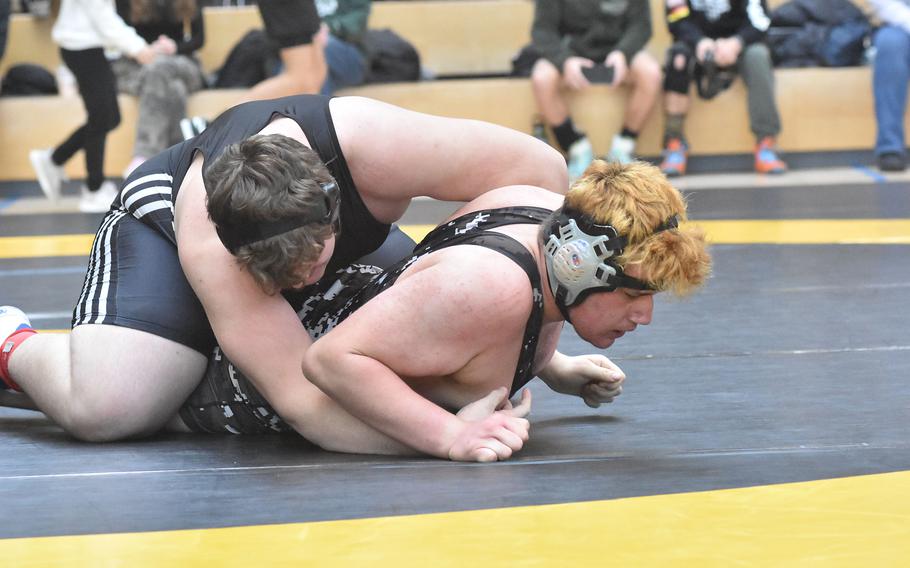 Spangdahlem’s Eli Hulet defeated Stuttgart’s Cyrus Montandon in a 285-pound semifinal Saturday, Feb. 10, 2024, at the DODEA European Wrestling Championships.
