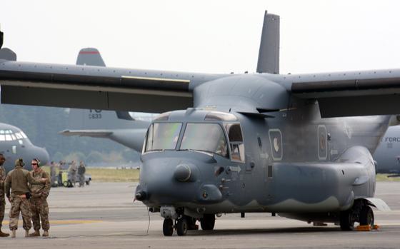 A CV-22B Osprey arrives at Yokota Air Base, Japan, April 5, 2018. 