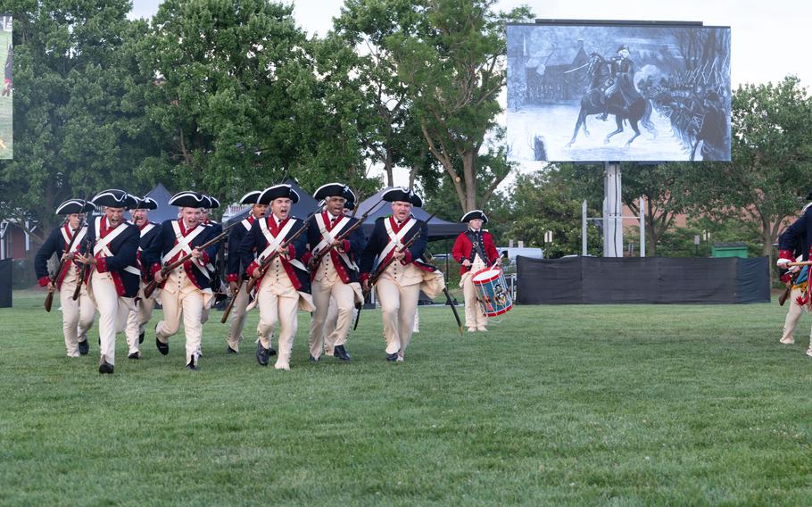 Soldiers assigned to the Commander-in-Chief’s Guard, 3rd U.S. Infantry Regiment (The Old Guard), participate in Twilight Tattoo in celebration of the 249th Birthday of the U.S. Army at Summerall Field, Joint Base Myer-Henderson Hall, Va., June 12, 2024.