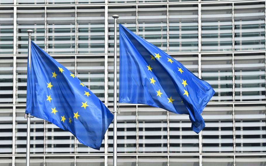 European Union flags fly in Brussels on Sept. 16, 2020.