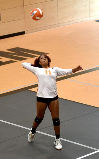 Sentinel Gabby Schmidt serves during a scrimmage on Sept. 1, 2023, at Spangdahlem High School in Spangdahlem, Germany.