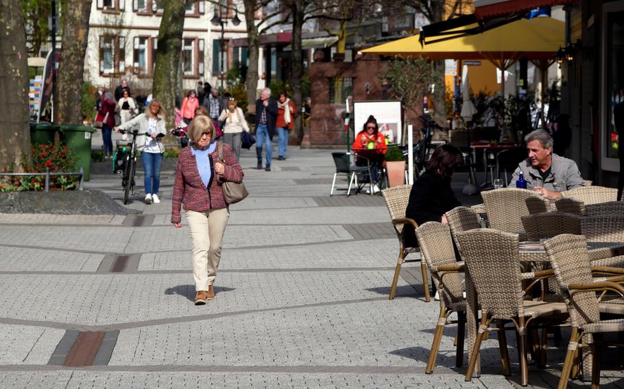 The Hauptstrasse, Bensheim's pedestrian main street, fills up on a sunny early spring day. The town on the Bergstrasse is know for its wines.