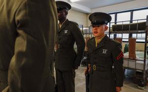 Marine Pfc. Nathaniel Laprade speaks to commanding officer Lt. Col. Christopher Kearny at Marine Corps Recruit Depot Parris Island, S.C., on Aug. 25, 2023. At 4-foot-7, Laprade could be the shortest member of the Marine Corps in its history.