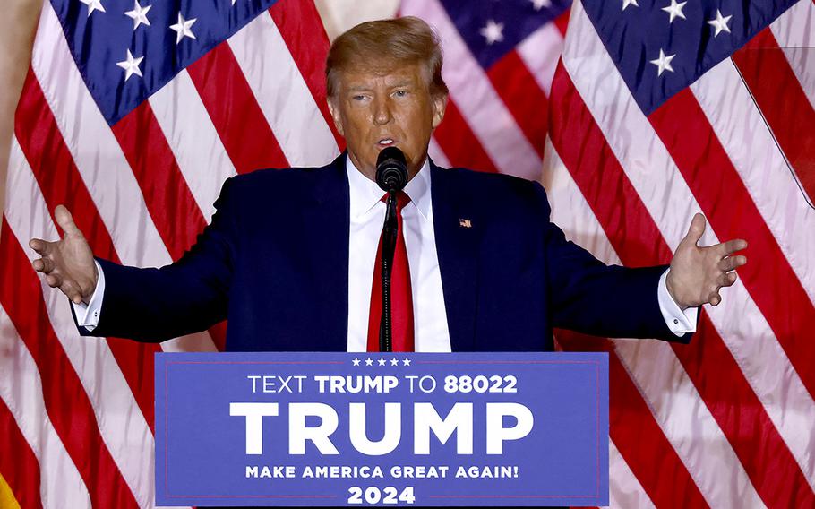 Former U.S. President Donald Trump speaks at the Mar-a-Lago Club in Palm Beach, Florida, on Nov. 15, 2022.