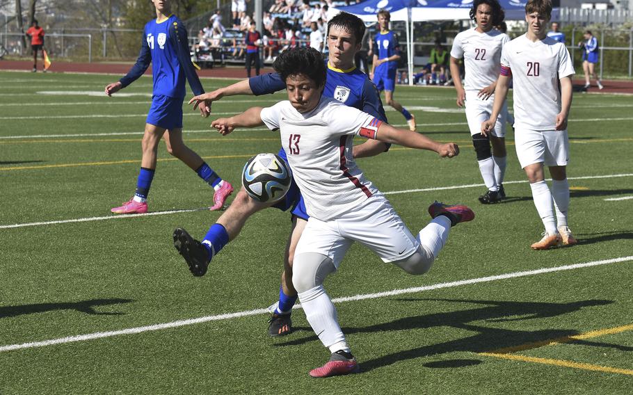 Lakenheath senior Jovan Paucar defends the ball during a game against Wiesbaden on April 6, 2024 in Wiesbaden, Germany.