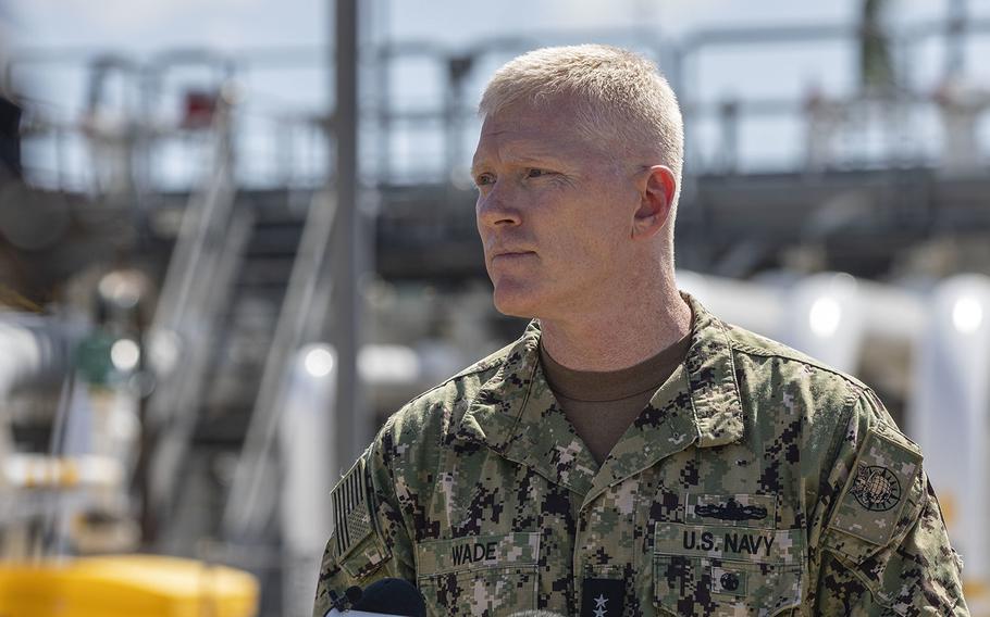 Vice Adm. John Wade, commander of Joint Task Force-Red Hill attends a briefing at Joint Base Pearl Harbor-Hickam, Hawaii, on Oct. 24, 2022. 