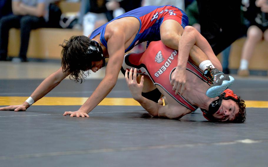 Ramstein’s Frank Lozano took the 106-pound title at the DODEA-Europe wrestling finals in Wiesbaden, Germany, Feb. 10, 2024, beating Kaiserslautern’s Jaden Calixto.