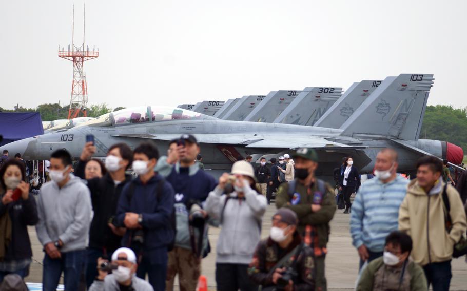 Nine U.S. Navy F/A-18 Hornets park on the flight line during Spring Festival at Naval Air Facility Atsugi, Japan, April 22, 2023. 