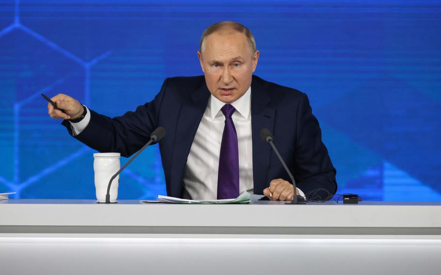 Russian President Vladimir Putin delivers his annual news conference in Moscow in December 2021.
