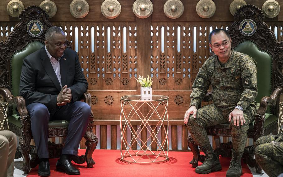 Secretary of Defense Lloyd Austin meets with his Philippine counterpart, Gen. Andres Centino, at Camp Navarro in Zamboanga, Philippines, Wednesday, Feb. 1, 2023.